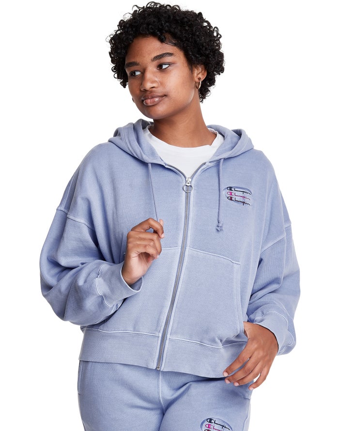 Champion Lightweight Fleece Full Zip Boxy Kadın Kapşonlu Sweatshirt Açık Mavi ( GXOWNH053 )